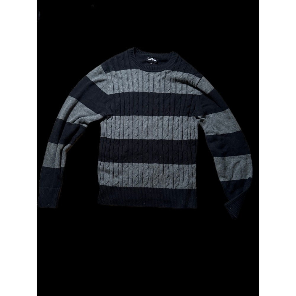 Carbon Mens Cable Knit Striped Crewneck Sweater Black Grey Large‎ Pullover